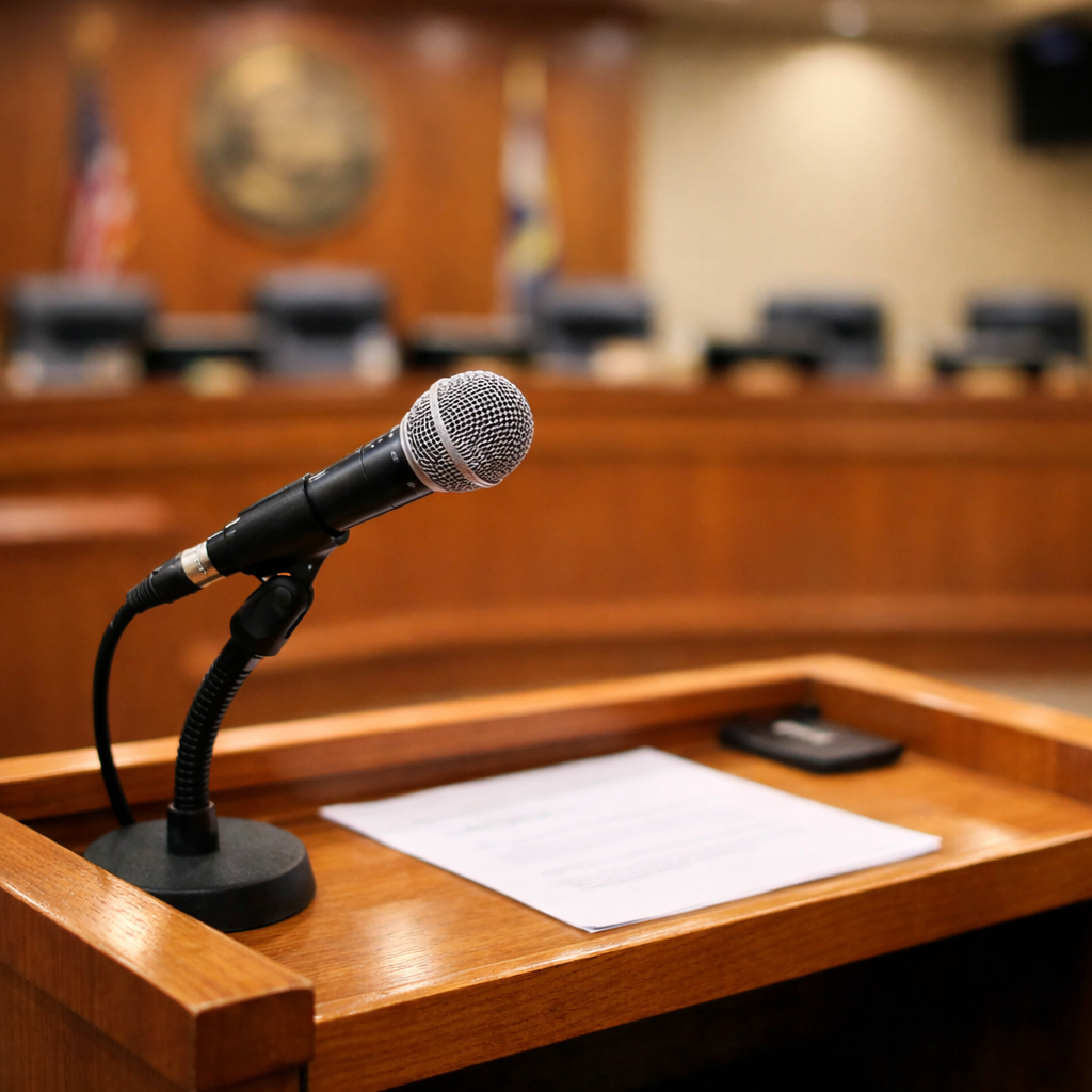 Microphone and papers on wooden podium in courtroom