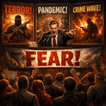 Politician pointing and shouting at a podium with banners saying fear, terror, pandemic, crime wave