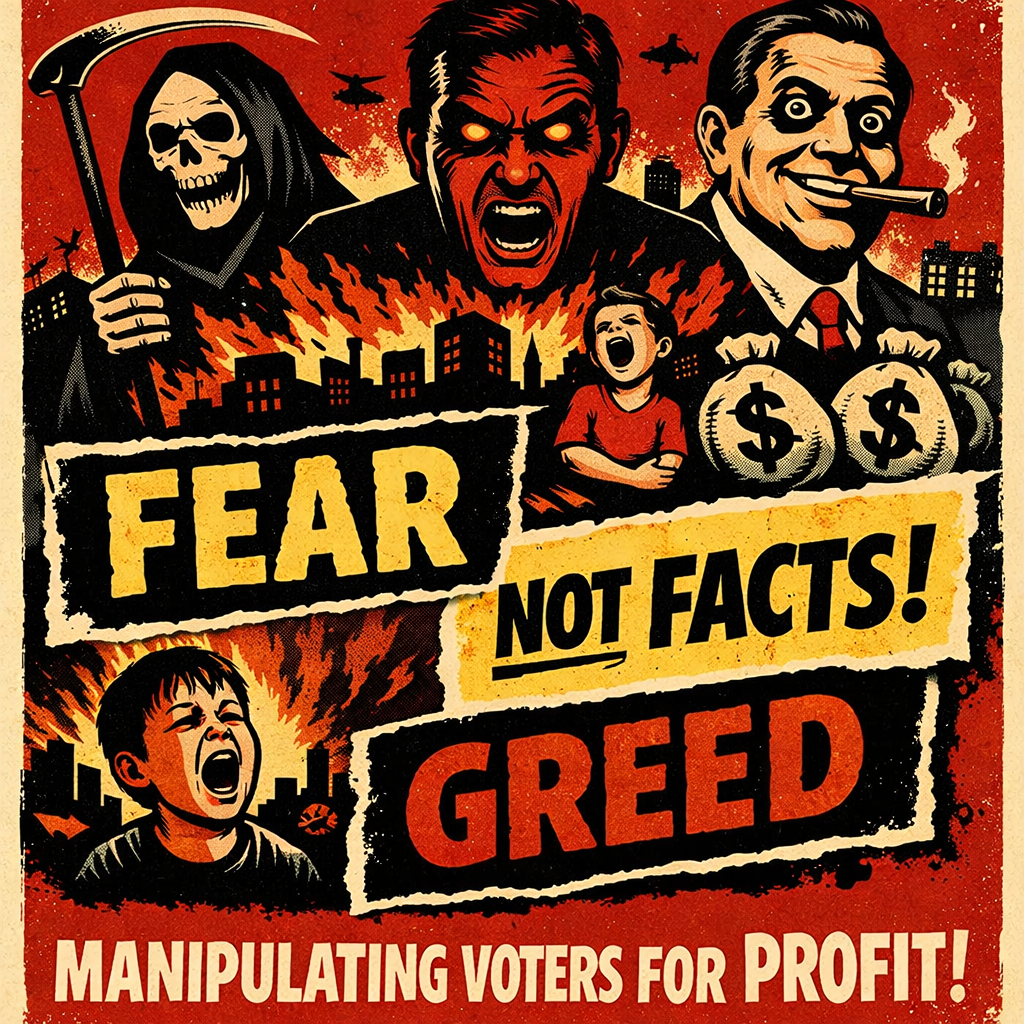 Illustration showing grim reaper, angry man, businessman with money, children yelling, city skyline, text 'Fear not facts! Greed manipulating voters for profit!'