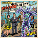 People at a Riverside City event with a glowing superhero named Voltu and money flying around