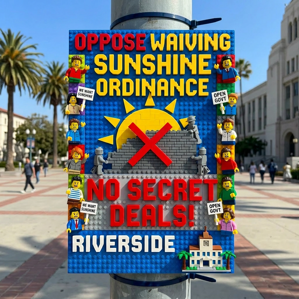 LEGO sign reading 'Oppose Waiving Sunshine Ordinance No Secret Deals Riverside LEGO Theme' with mini figures holding signs
