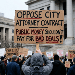 Person holding sign reading 'OPPOSE CITY ATTORNEY CONTRACT PUBLIC MONEY SHOULDN'T PAY FOR BAD DEALS' at protest