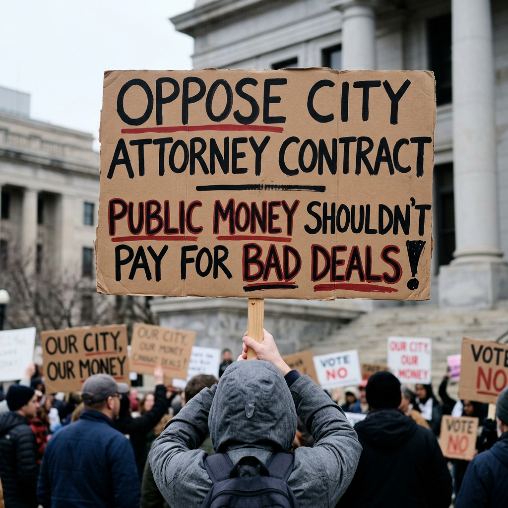 Person holding sign reading 'OPPOSE CITY ATTORNEY CONTRACT PUBLIC MONEY SHOULDN'T PAY FOR BAD DEALS' at protest