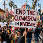 Protest sign reading 'END THE CLOWN SHOW IN RIVERSIDE' held up during a street protest
